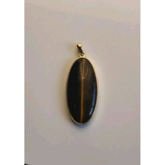 Tiger’s Eye Natural Stone Pendant Handmade Oval Shiny Gold Tone Setting - Picture 9 of 12